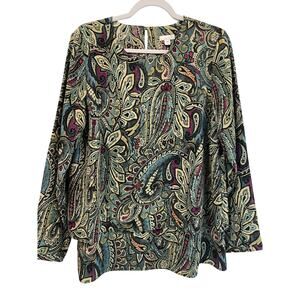 J.Jill Women’s M Paisley Blouse Blue Beige Purple Black Red Layered Hem